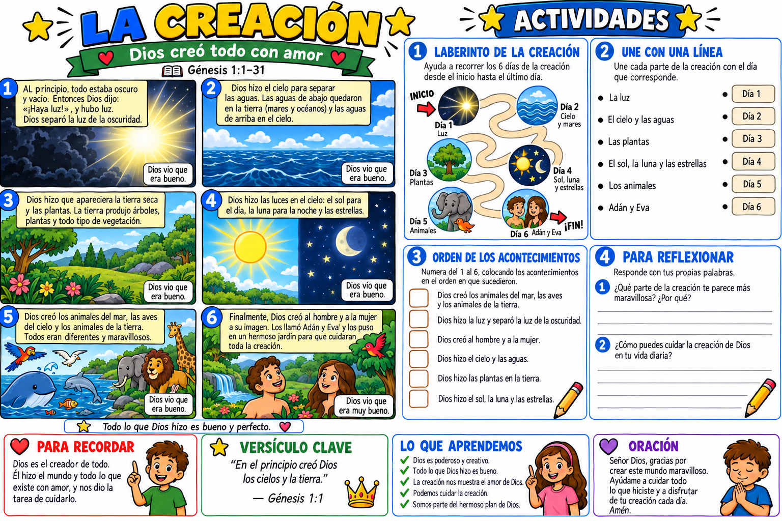 Historia bíblica ilustrada y actividades sobre la Creación