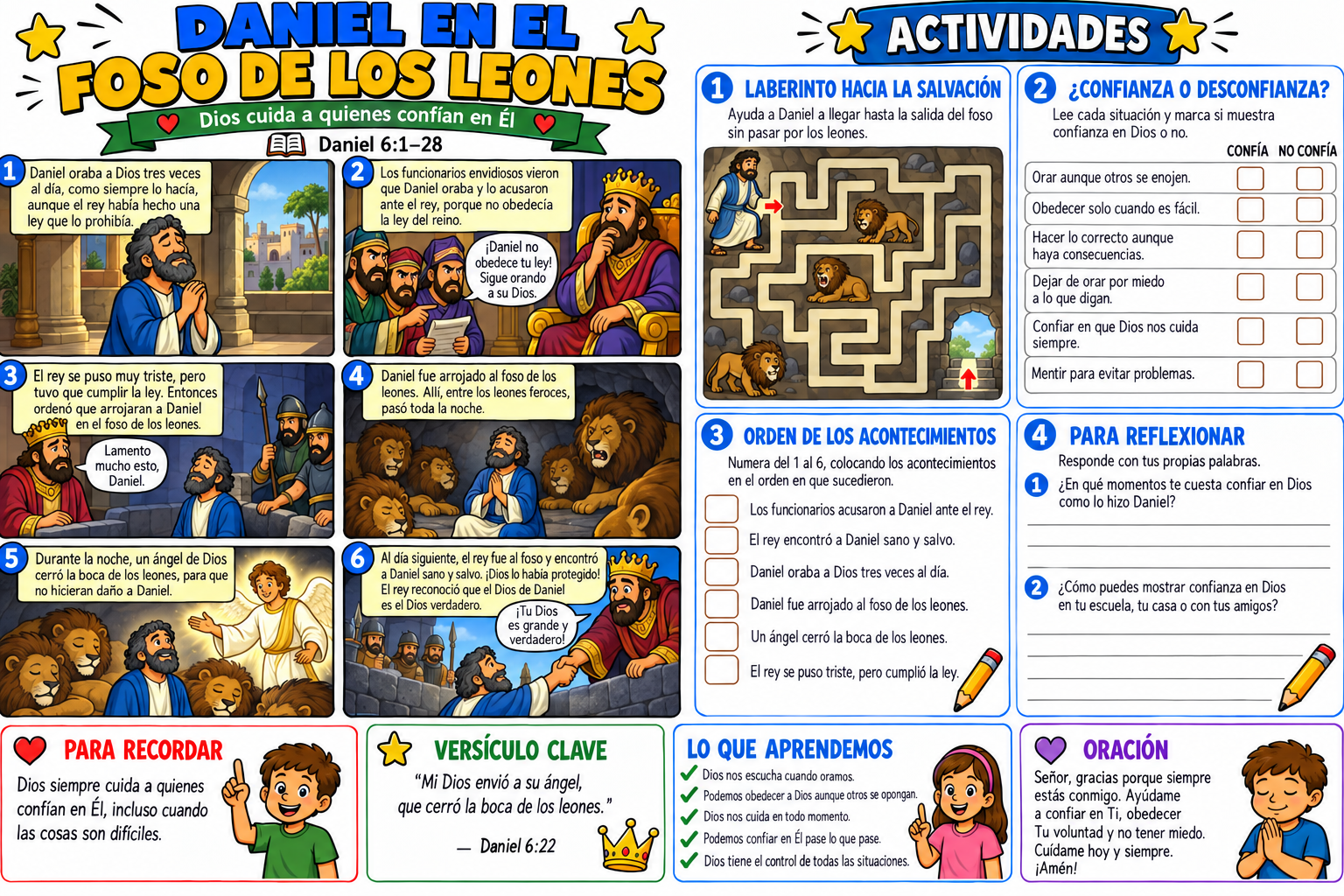 Historia bíblica ilustrada y actividades sobre Daniel en el Foso de los Leones