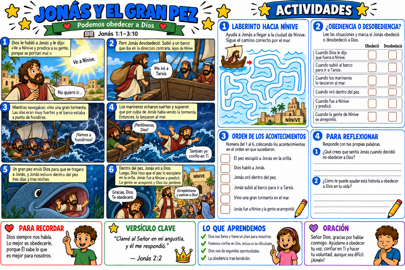 Historia bíblica ilustrada y actividades sobre Jonás y el Gran Pez
