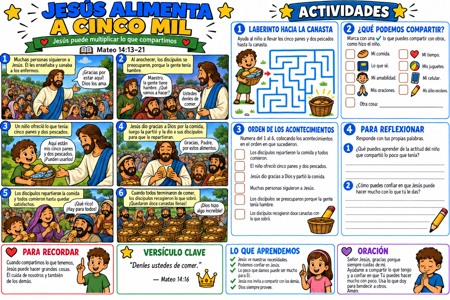 Historia bíblica ilustrada y actividades sobre Jesús alimentando a cinco mil