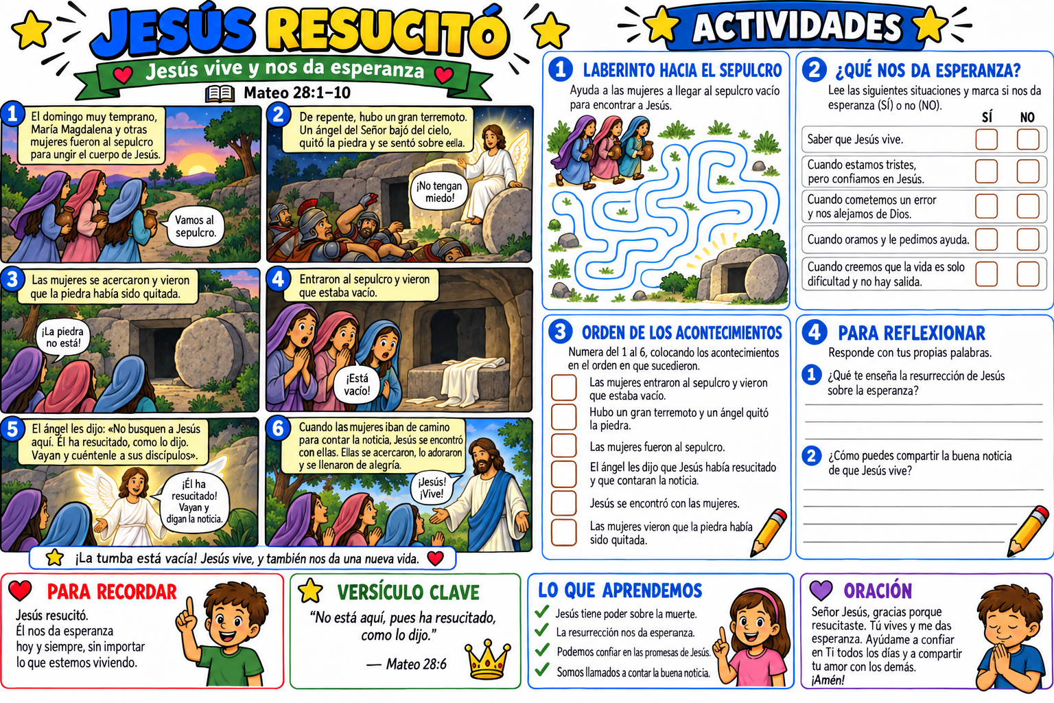 Historia bíblica ilustrada y actividades sobre la Resurrección de Jesús