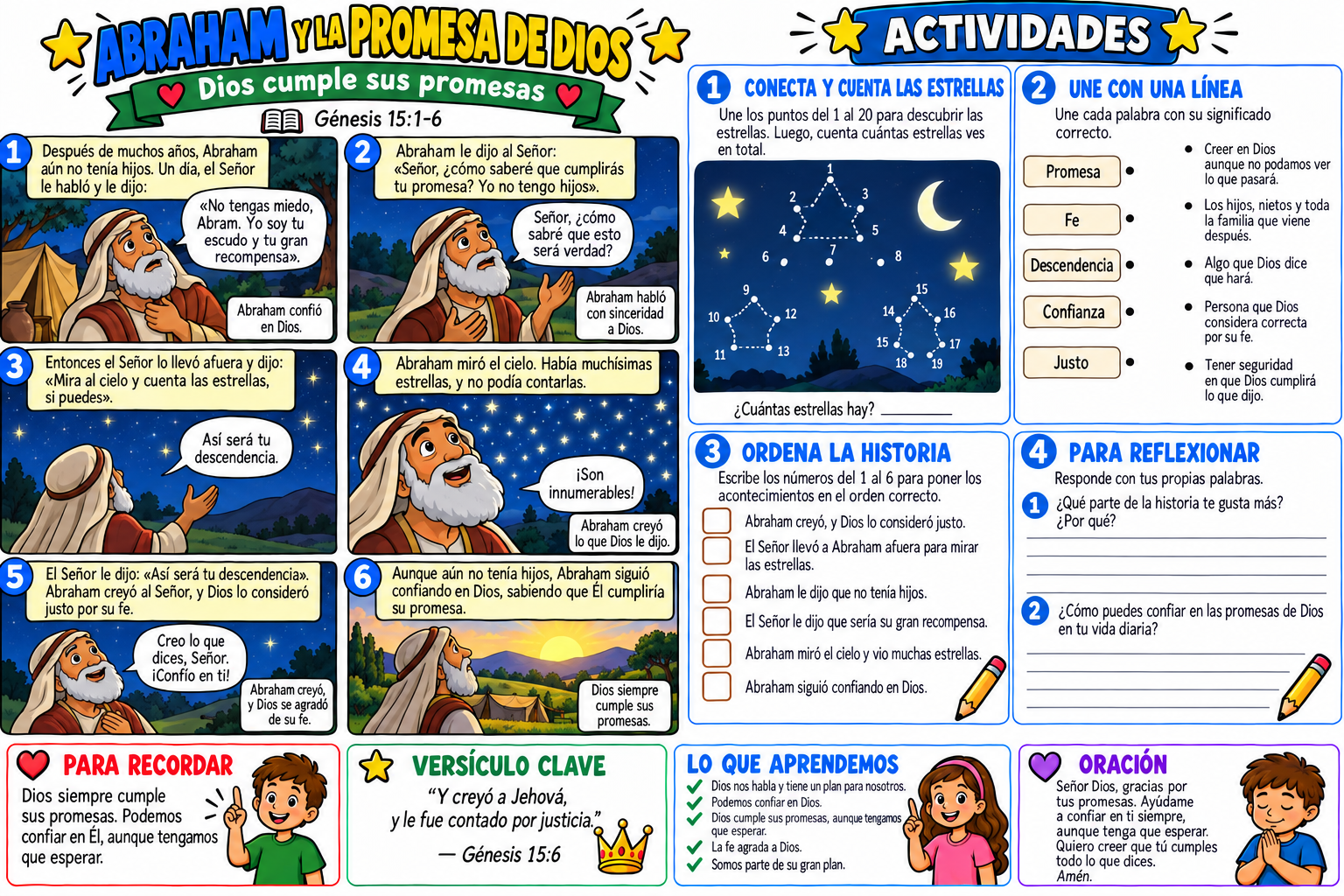 Historia bíblica ilustrada y actividades sobre Abraham y la promesa de Dios