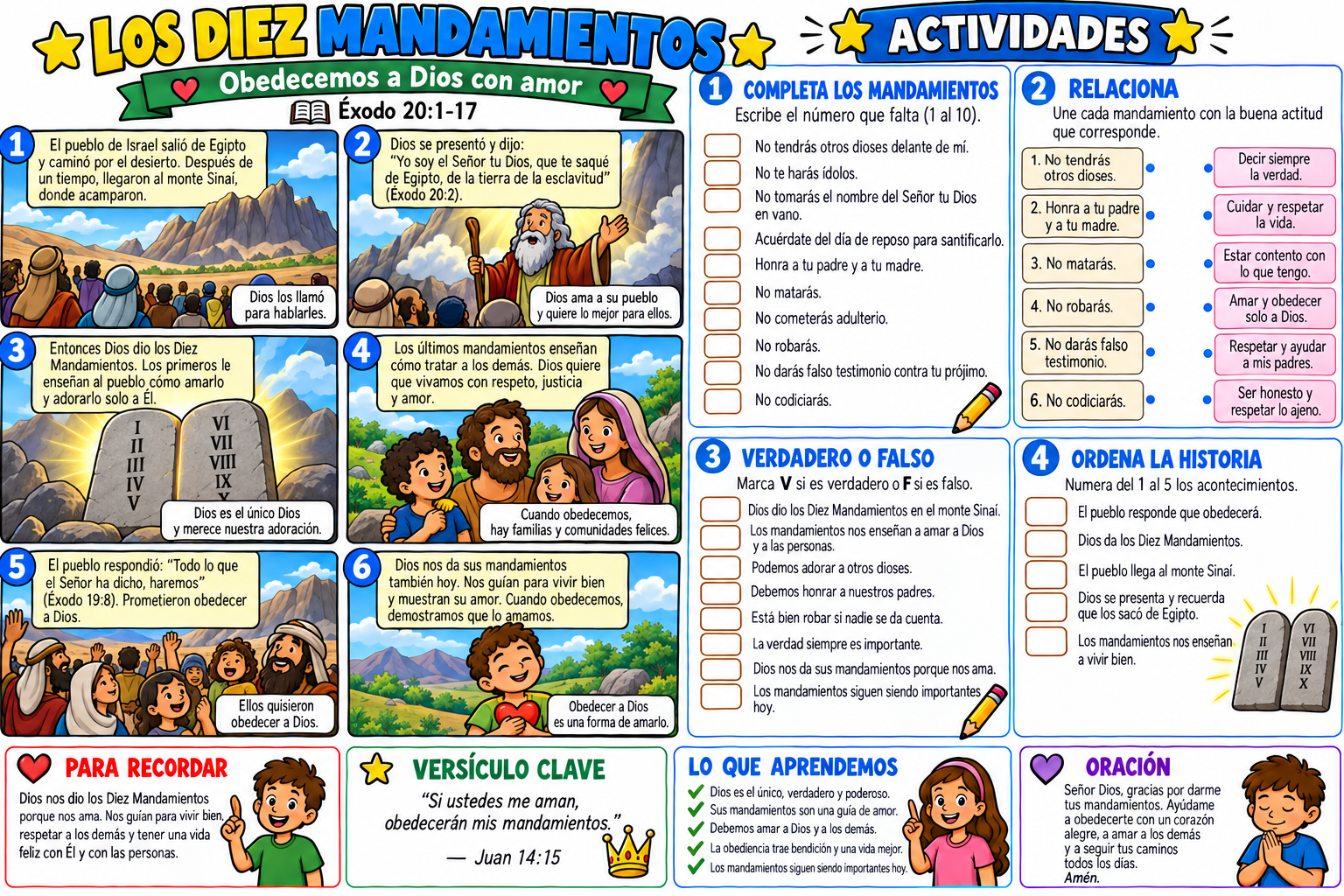Historia bíblica ilustrada y actividades sobre los Diez Mandamientos