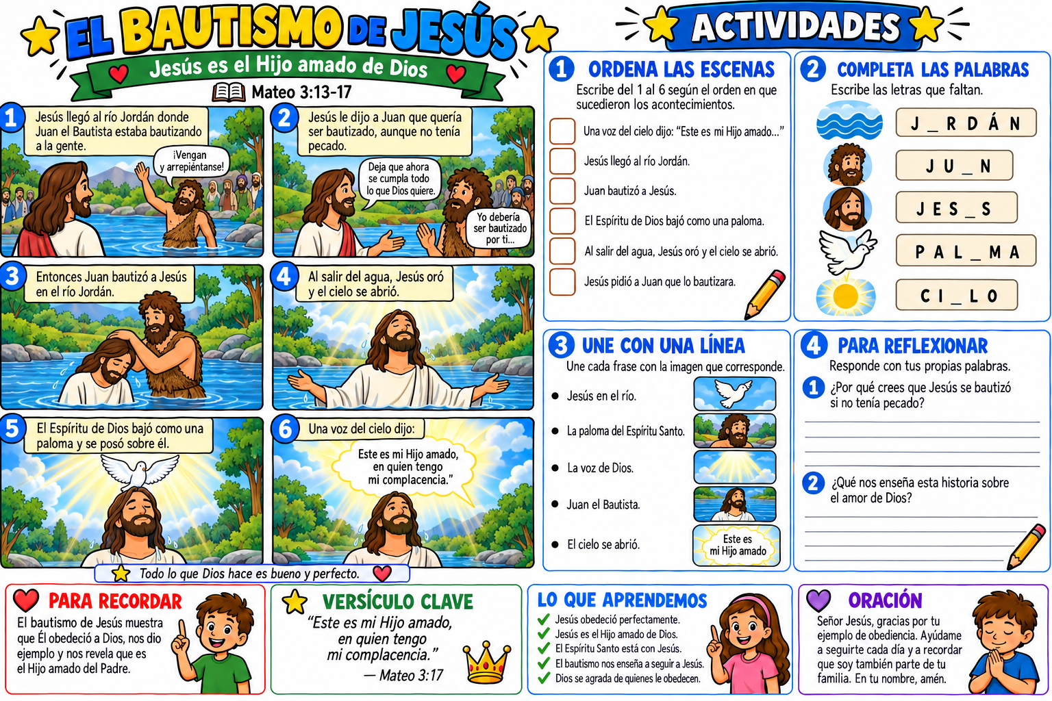 Historia bíblica ilustrada y actividades sobre el bautismo de Jesús