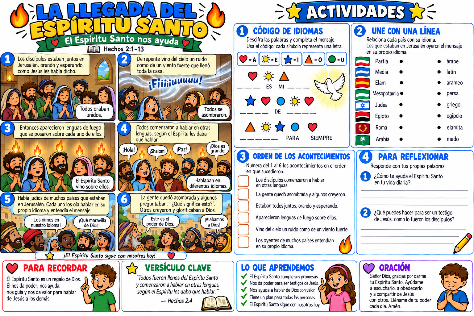 Historia bíblica ilustrada y actividades sobre la llegada del Espíritu Santo